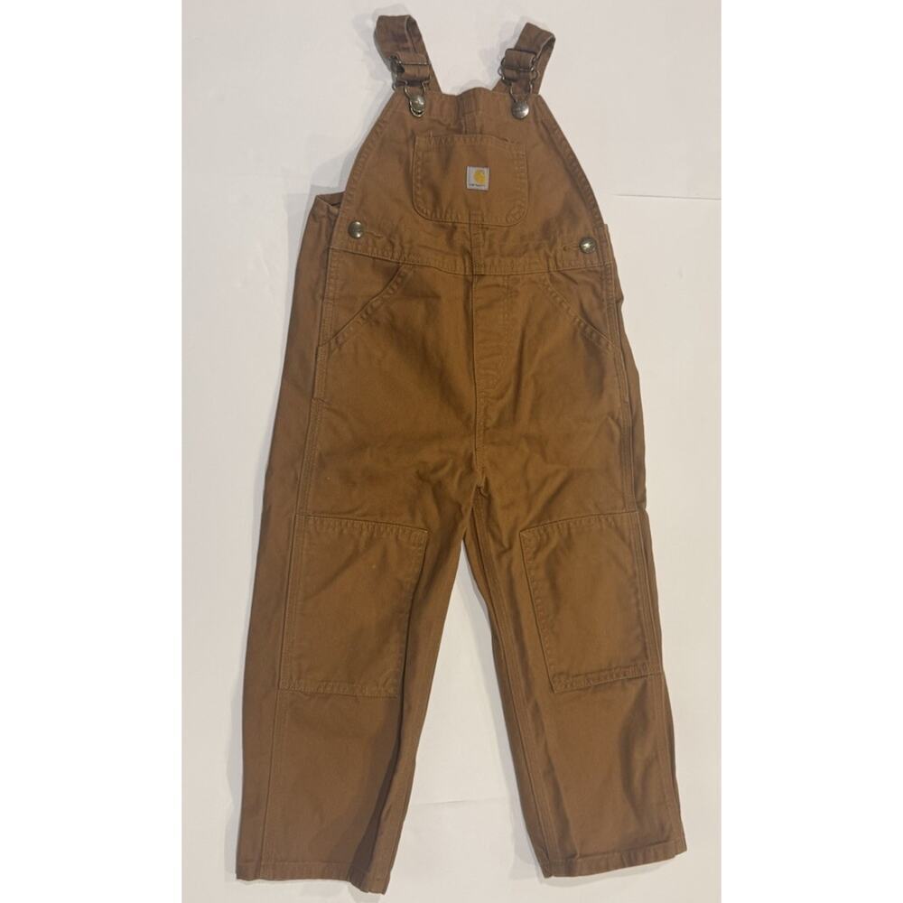Carhartt Bib Canvas Overalls Brown Tan 100% Cotton Double Knee Size 4T Kids